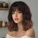 Lativ Ombre Brown Wigs for Women Bob Wig with Bangs Short Curly Wavy Wigs Natural Charming Heat Resistant Shoulder Length Hair for Cosplay Daily Party Use 14 Inches