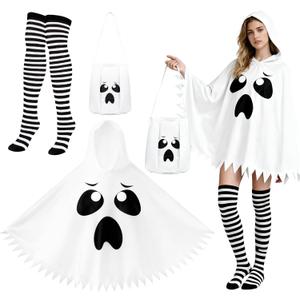 3 Pcs Ghost Costume Adult with White Hooded Poncho Candy Bag Nylon Striped Tights Ghost Costume Women for Halloween Cosplay Party