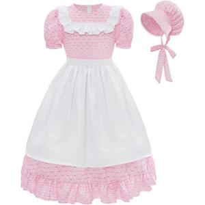 CR ROLECOS Kids Prairie Pioneer Dresses for Girls Ruffles Colonial Pilgrim Costumes Dress 3 Pieces Pink Polka Dots XL