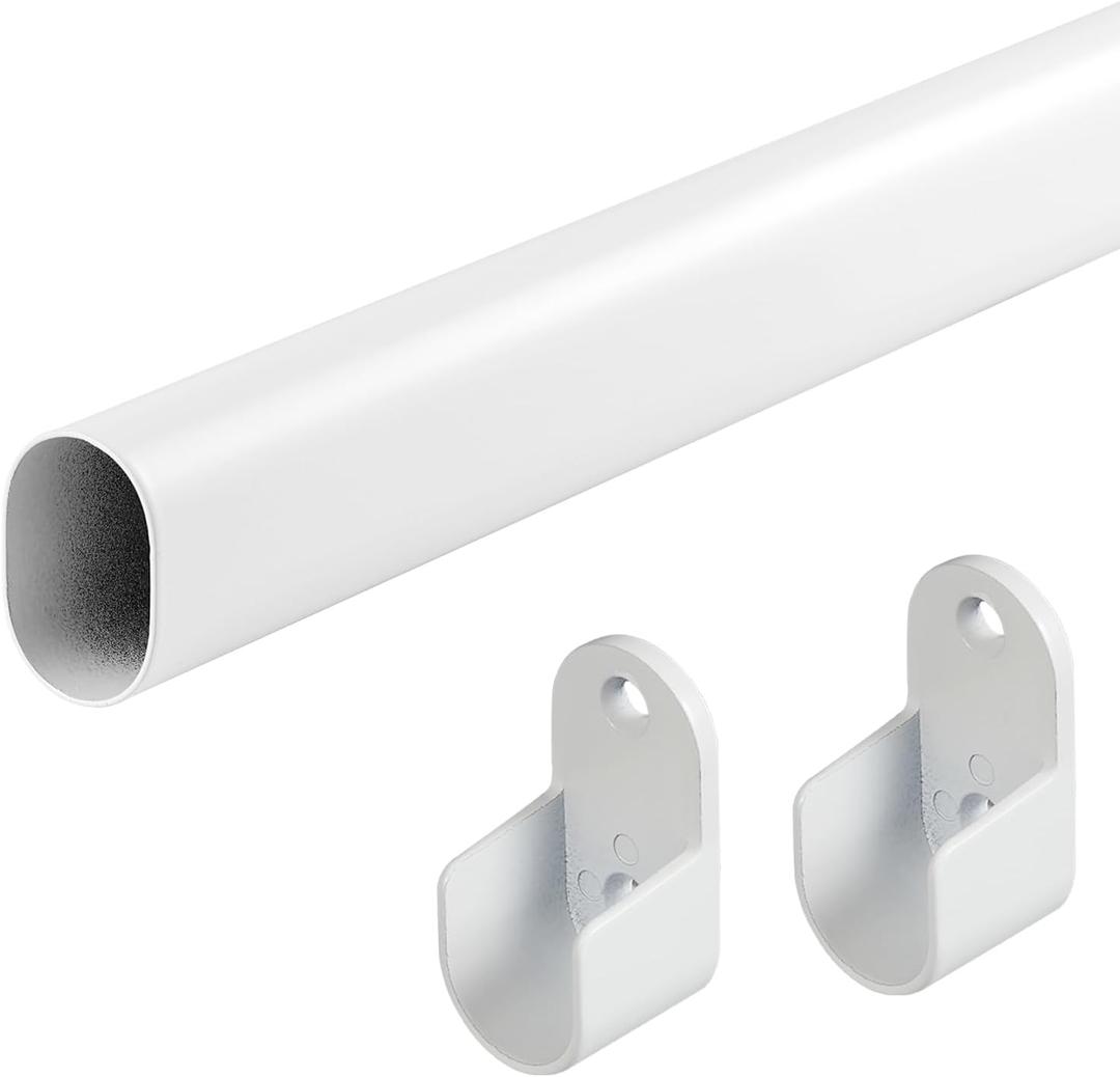 Oval Closet Rod for Hanging Clothes 18 to 52 Inch Adjustable with Snap Fasteners Heavy Duty 1 inch Diameter With End Supports White Poles Bar Closet Rod Expandable for Wardrobes