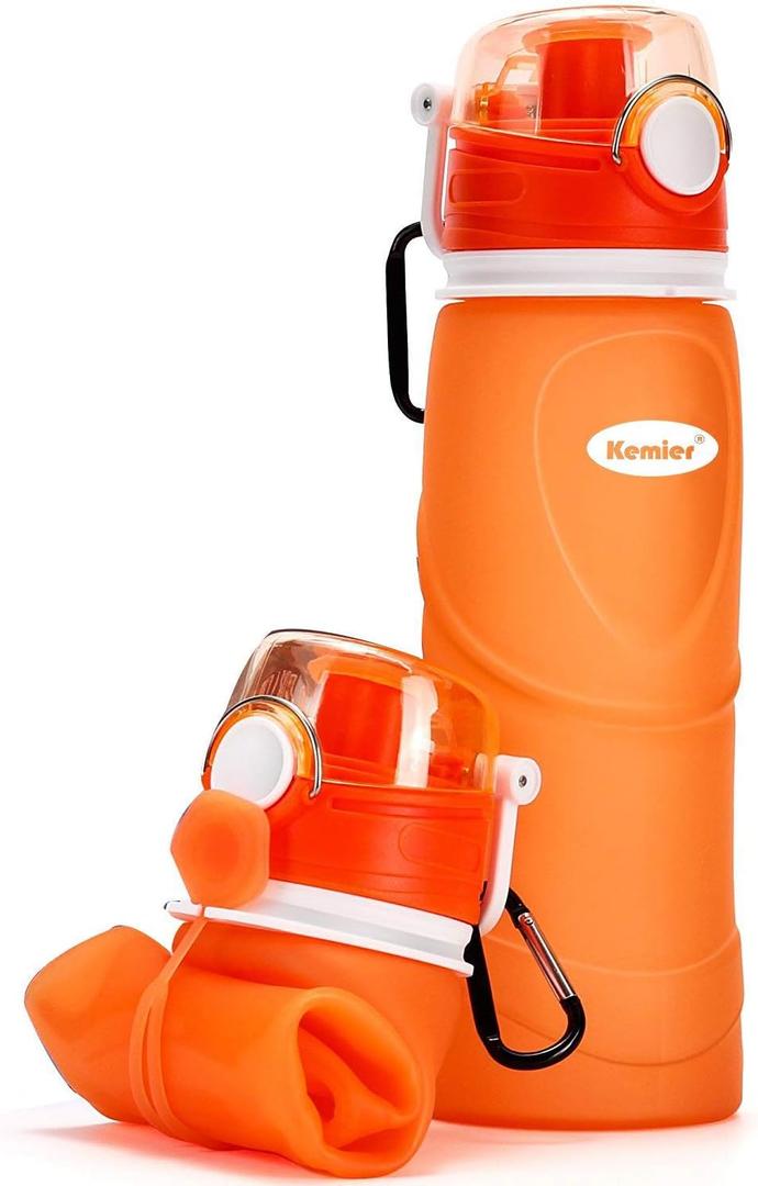 Kemier Collapsible Silicone Water Bottles-750ML,Medical Grade,BPA Free Travel Water Bottle Can Roll Up,26oz,Leak Proof Foldable Sports & Outdoor Water Bottles (Orange)