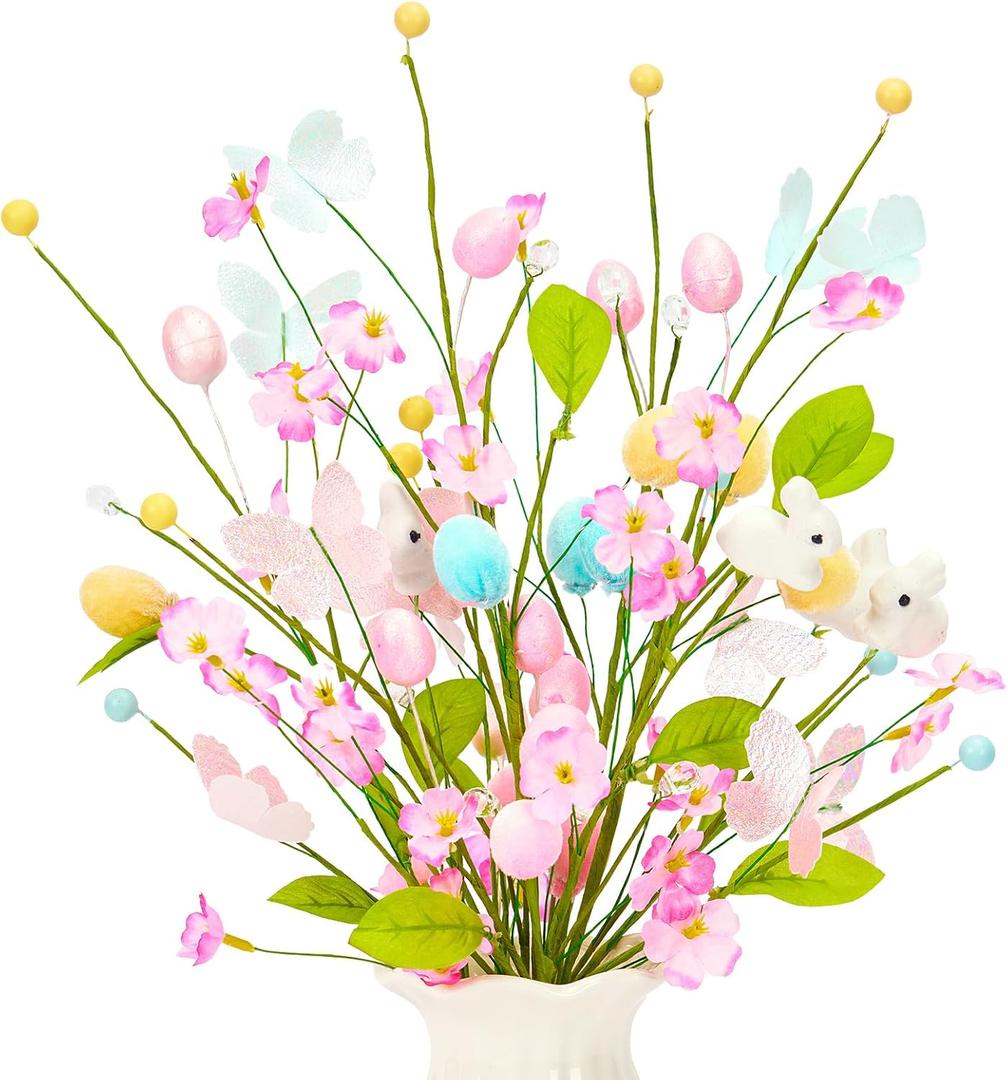 4 Pcs Artificial Easter Stems Decorations, Colorful Egg Branches with Glitter Butterflies Decor, Spring Flowers and Bunny for Vase Arrangement Centerpiece Decor