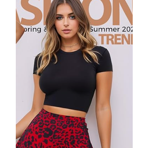 Womens Short Sleeve Crop Top Crew Neck Y2K Shirt Sexy Slim Fitted Casual Base Layer Soft Workout Shirt Going Out Top, M