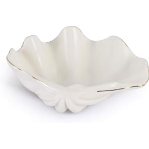 White Shell Decorative Bowl  7.9" Resin Clam Shell with Gold Rim, Coastal Centerpiece for Bathroom Vanity, Entryway, or Living Room, Jewelry Holder, Key Tray, Fruit Bowl, Beach House Decor