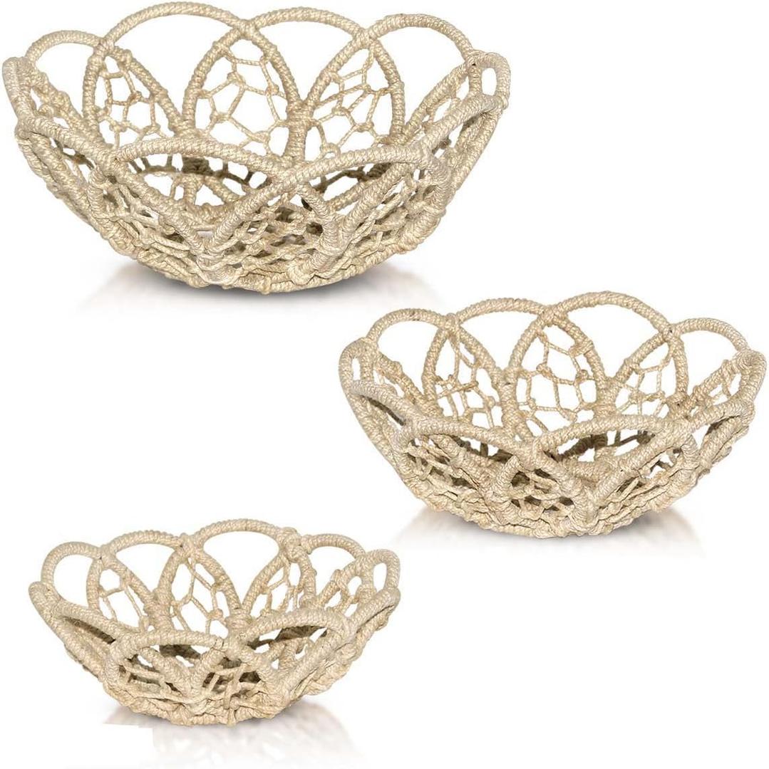 India Handicrafts 20677 Natural BoHo Brown Flower 14.5 inch Jute Decorative Storage Accent Basket Set of 3