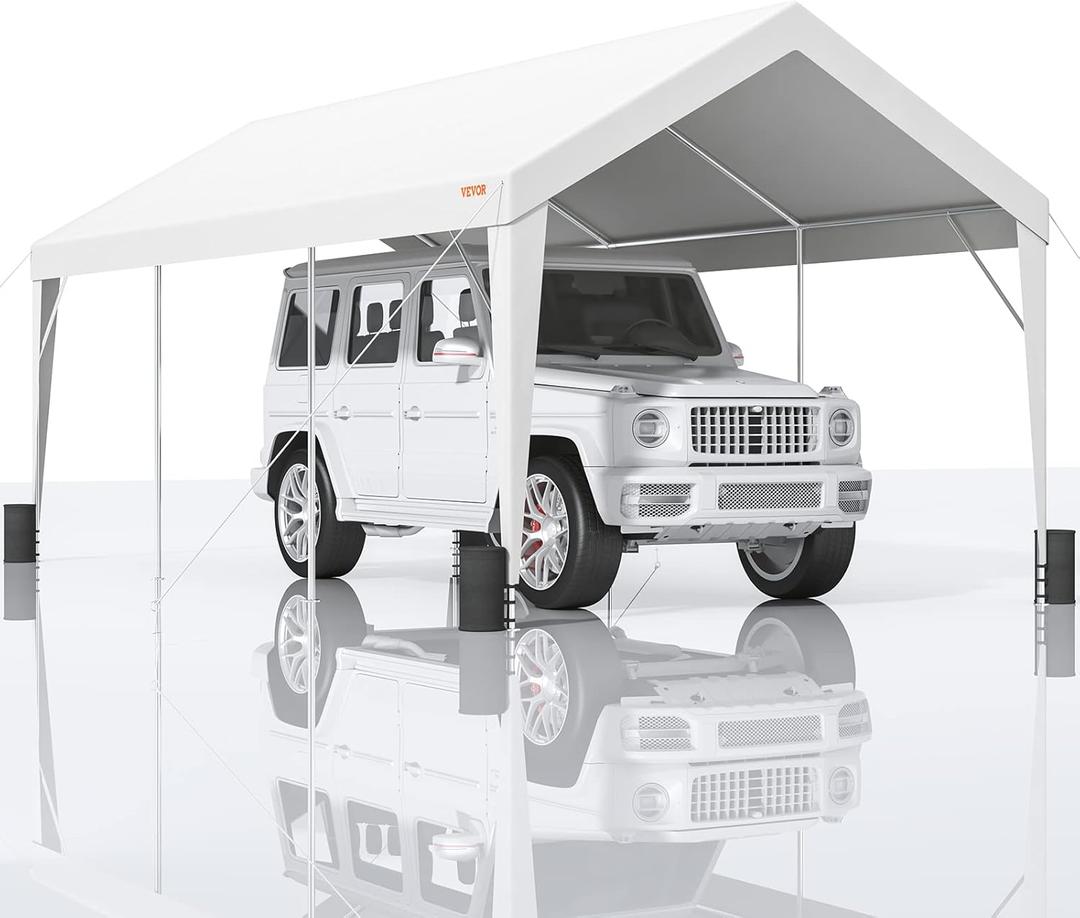 VEVOR Upgraded 10x20 ft Heavy Duty Carport Car Canopy, Car Port Garage Boat Shelter Party Tent with 8 Reinforced Poles and 4 Weight Bags, UV Resistant Waterproof Tarp for SUV, Truck, Boat (White)