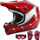XFMT Kids Dirt Bike Helmet Youth Motorcycle Helmet DOT-Certified Full Face Helmets for Motocross ATV Off-Road Street Bike with Goggles & Gloves, Red Spider Small (Red, L)