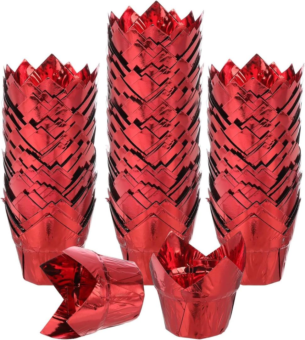 uxcell 100 Pcs Tulip Cupcake Liners, Muffins Liners Aluminum Foil Cupcake Wrappers Baking Cups Muffins Liners for Wedding Birthday Party Supplies, Red