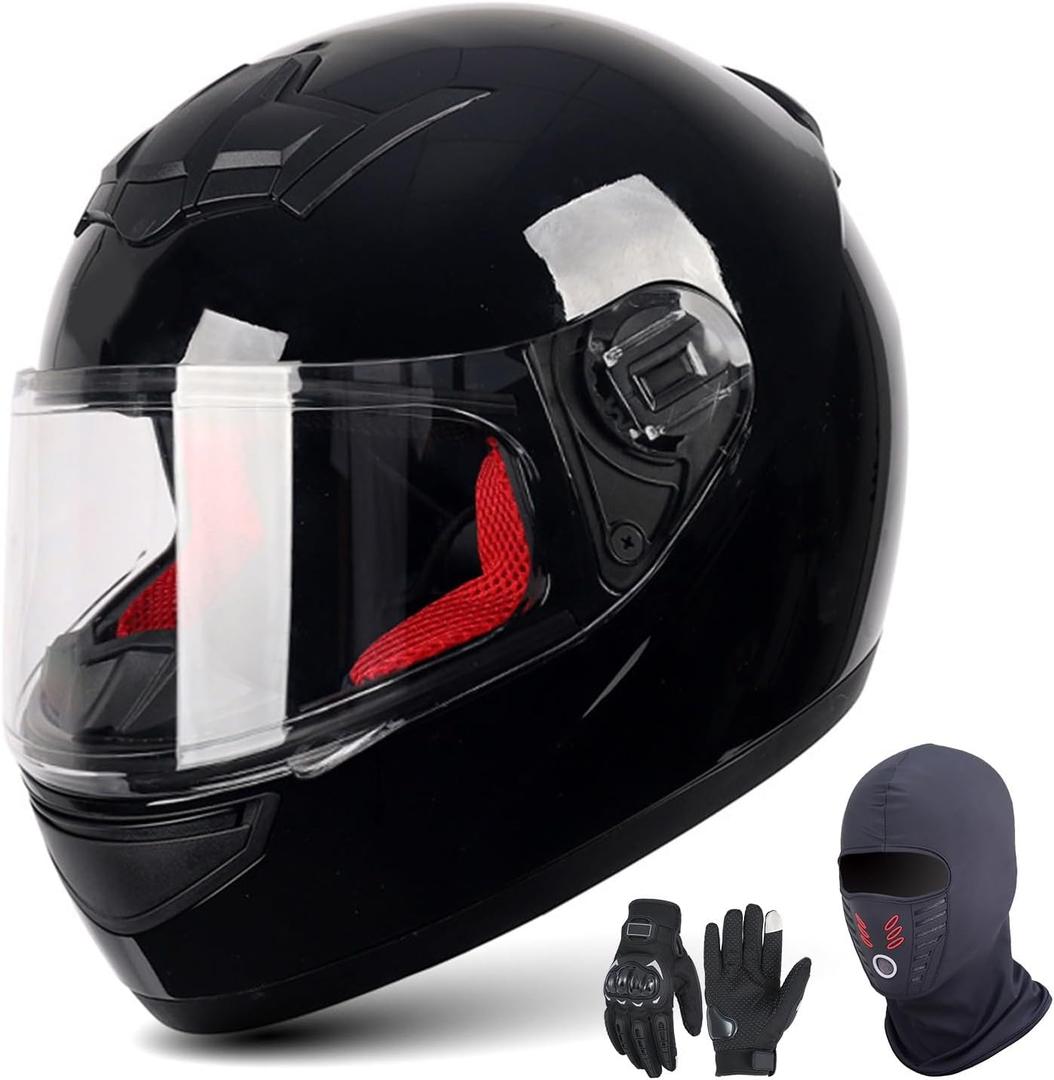 Motorcycle Full Face Helmet ECE Approved, Lightweight ABS Shell, Motorbike Racing Street Bike Helmets for Adults with Visor
 (Medium, Bright Black)