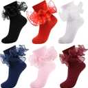 Women Big Ruffle Ankle Socks,Adult Double Lace Turn Cuff Cotton Frilly Dress Socks Cute Bobby Sock (9-11, 6 Pairs - Black,white,red,pink,burgundy,navy Blue)