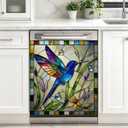 Dishwasher Magnet Cover 23 x 25.5 Inch, Stained Glass Hummingbird Dishwasher Magnetic Cover, PVC Dishwasher Decorative Magnet for Kitchen Decor