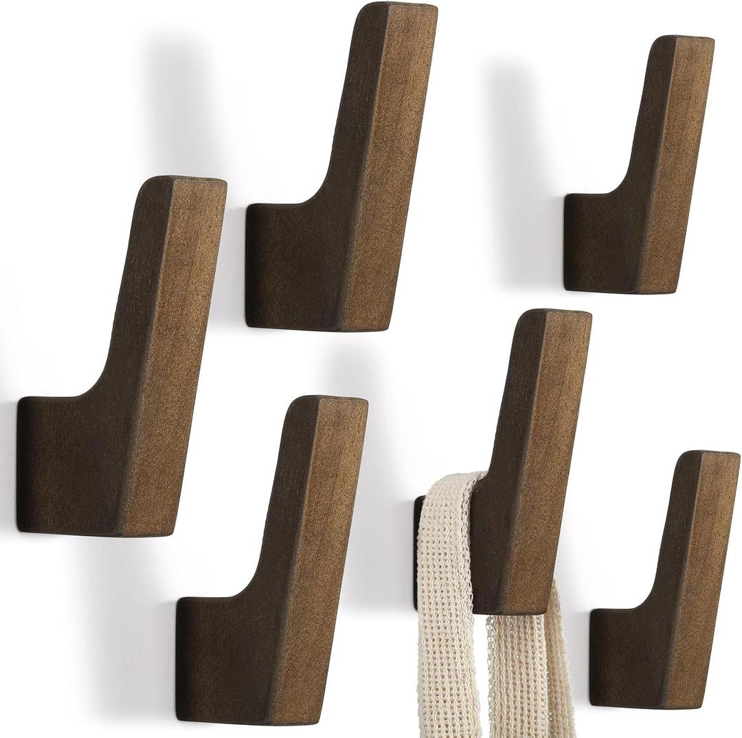Leinuosen 6 Pack Wood Wall Hooks Walnut Coat Hooks Wall Mounted Bathroom Bedroom Kitchen for Hanging Hat Backpack Bag Jacket Modern Farmhouse Decor for Practical Entryway