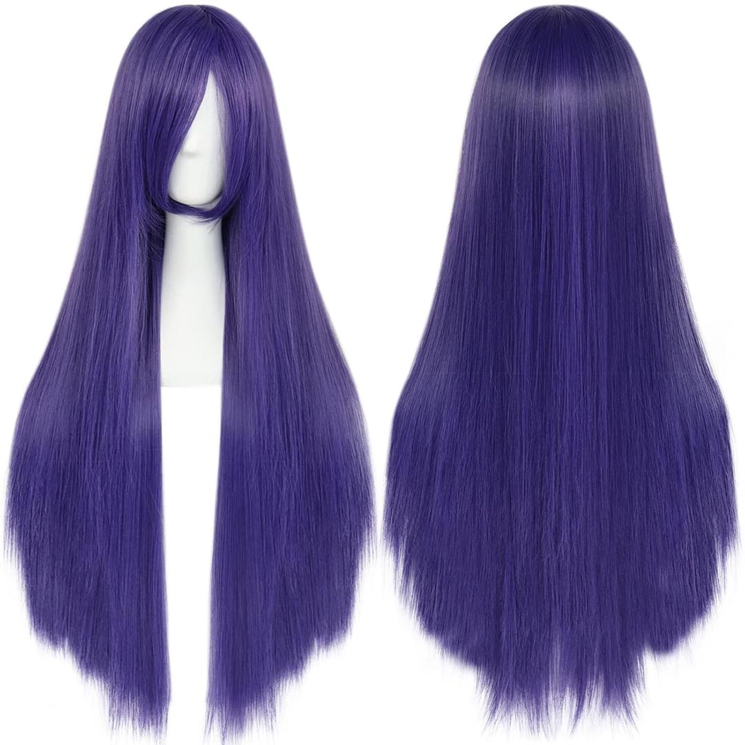 ANOGOL Hair Cap+32Inch/80cm Long Purple Wig for Women Anime Cosplay Purple Straight Wig with Bangs peluca morada larga Mujer for Halloween Costumes Women
