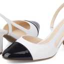 JENN ARDOR Slingback Heels for Women, Classic Low Block Heel Pumps Square Closed Toe Dress Pumps Ankle Strap Splicing Color Chunky Heels Comfort Wedding Shoes 2.5 inch, Size 7.5