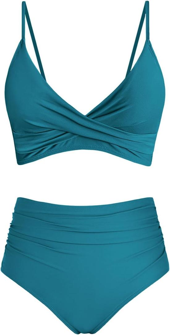 Amy Babe Women's High Waisted Bikini Sets Push Up Twist Front Spaghetti Straps Ruched Two Piece Swimsuit Bathing Suit, M