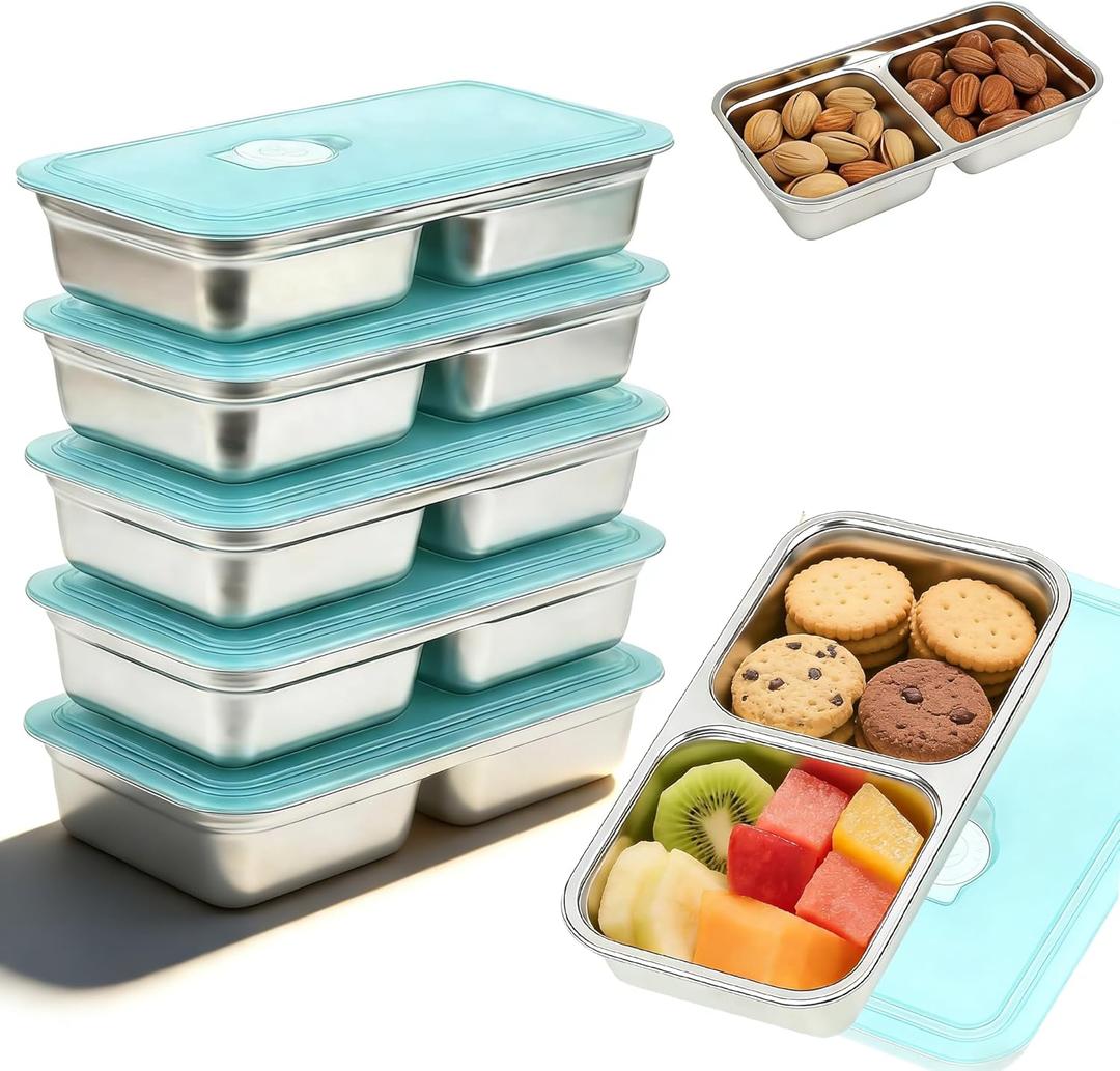 6 PCS Stainless Steel Snack Containers, Double Compartment Reusable Food Storage, Dishwasher-Safe & Leak-Proof, Ideal for Travel, Outdoor Camping, Work and Daily Use