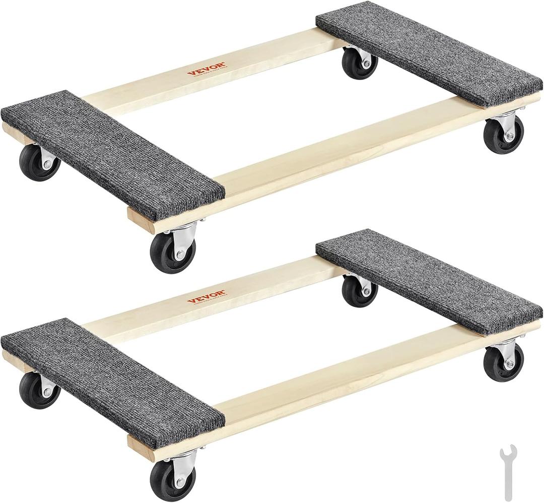 VEVOR Hardwood Furniture Moving Dolly, 30 in. x 18 in. 4 x 3 PP Swivel Casters, Heavy Duty Wooden Mover Dollies, Moving Cart with Wheels for Heavy Furniture, 1000 lbs. Capacity, 2 Pack