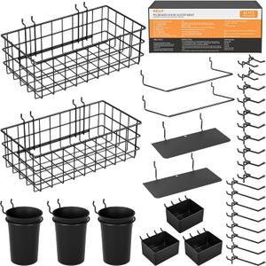 INCLY 30PCS Peg Board Organizer Accessories Kit, Pegboard Hooks Assortment with Bins, Cups, Wire Baskets and Paper Towel Holder for 1/8 and 1/4 Pegboard Garage Workbench Craft Room Organizing Tools