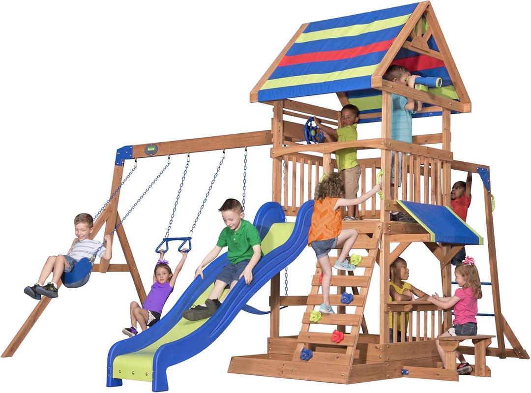 Backyard Discovery Beach Front Cedar Wood Swing Set with Wave Slide, Play Deck, Monkey Bars, Rock Wall Ladder, Shaded Picnic Area, Snack Bar, Belt Swings, Trapeze, Sandbox Area, Outdoor Playset (Large, Multicolor)