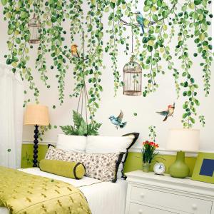 Spring Summer Green Eucalyptus Hanging Vine Wall Decals Bird & Birdcage Wall Stickers for Home Office & Coffee Cafe Peel and Stick Wall Glass Clings Decor