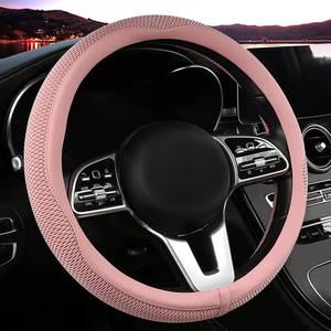 LKWLIKEI Car Steering Wheel Cover, Universal 15 inch, The Latest Microfiber Leather Breathable Technology Fabric, Non-Slip, Comfortable, Warm in Winter and Cool in Summer, Pink