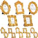 Maitys 15 Pcs Mini Picture Vintage Frames with Stands Tiny Antique Photo Baroque Ornate Resin Oval Frame Table Top Display Home Wedding Decor (Gold)
