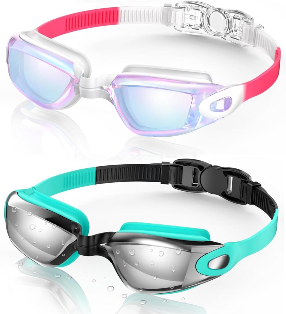 Aegend Swim Goggles, 2 Pack Swimming Goggles No Leaking Adult Men Women Youth (Raspberry-red White & Light-blue Silver)