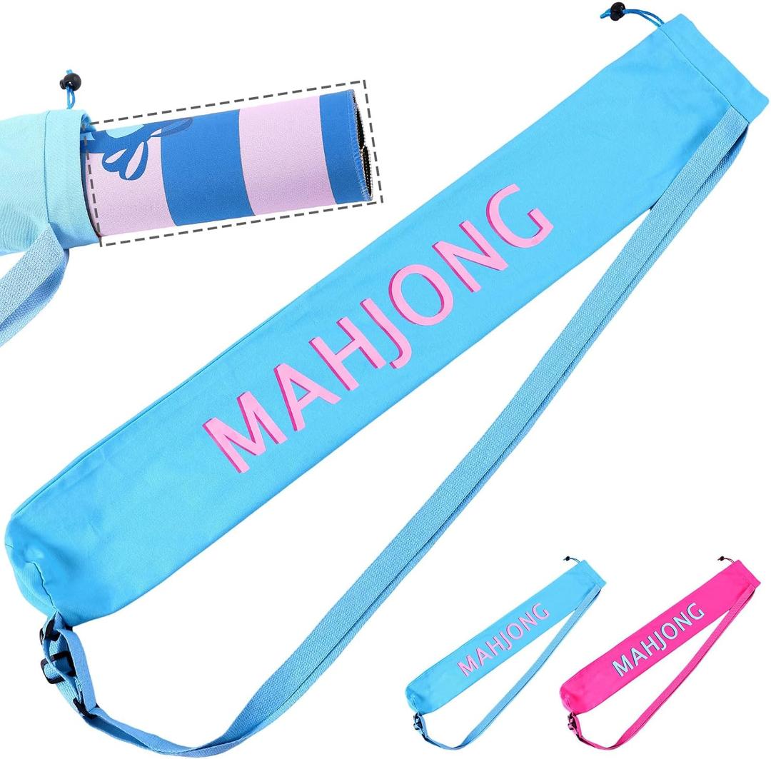 34 Inch Long Mahjong Mat Bag Cute Double Strapped Canvas Drawstring Mahjong Holder Lightweight Outdoor Carrying Bag for Board Games Travel Storage-Mat Not Include(Blue,1 Pc)