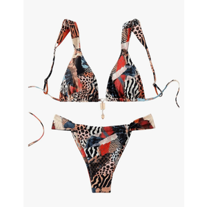 Women's 2 Piece Leopard Floral Bathing Suit Wireless Triangle Swimsuit High Waisted Bikini Sets, Size M
