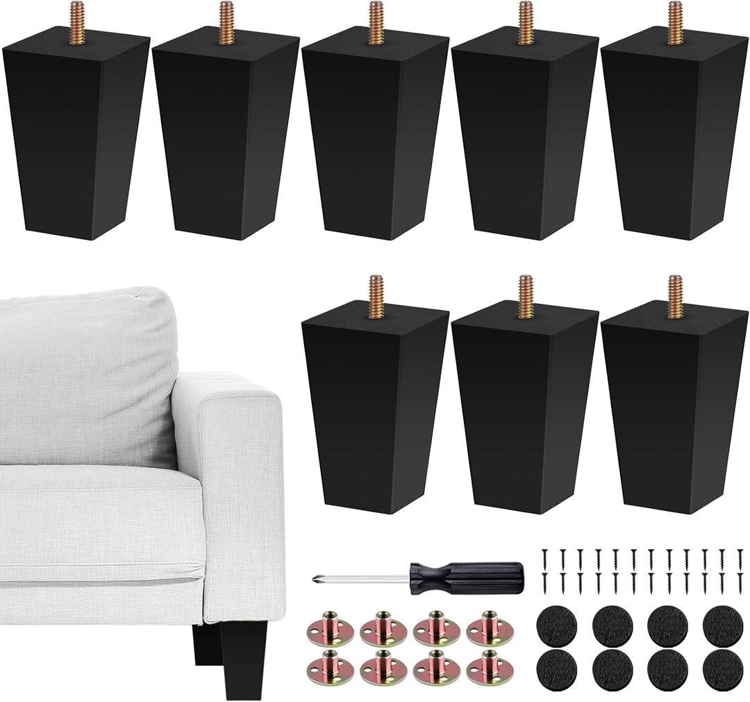 TURSTIN Set of 8 Furniture Legs 4 Inch Square Solid Wood Couch Legs Replacement Sofa Legs Mid Century Furniture Feet for Armchair Bed Dresser Cabinet Include Installation Hardware, Black