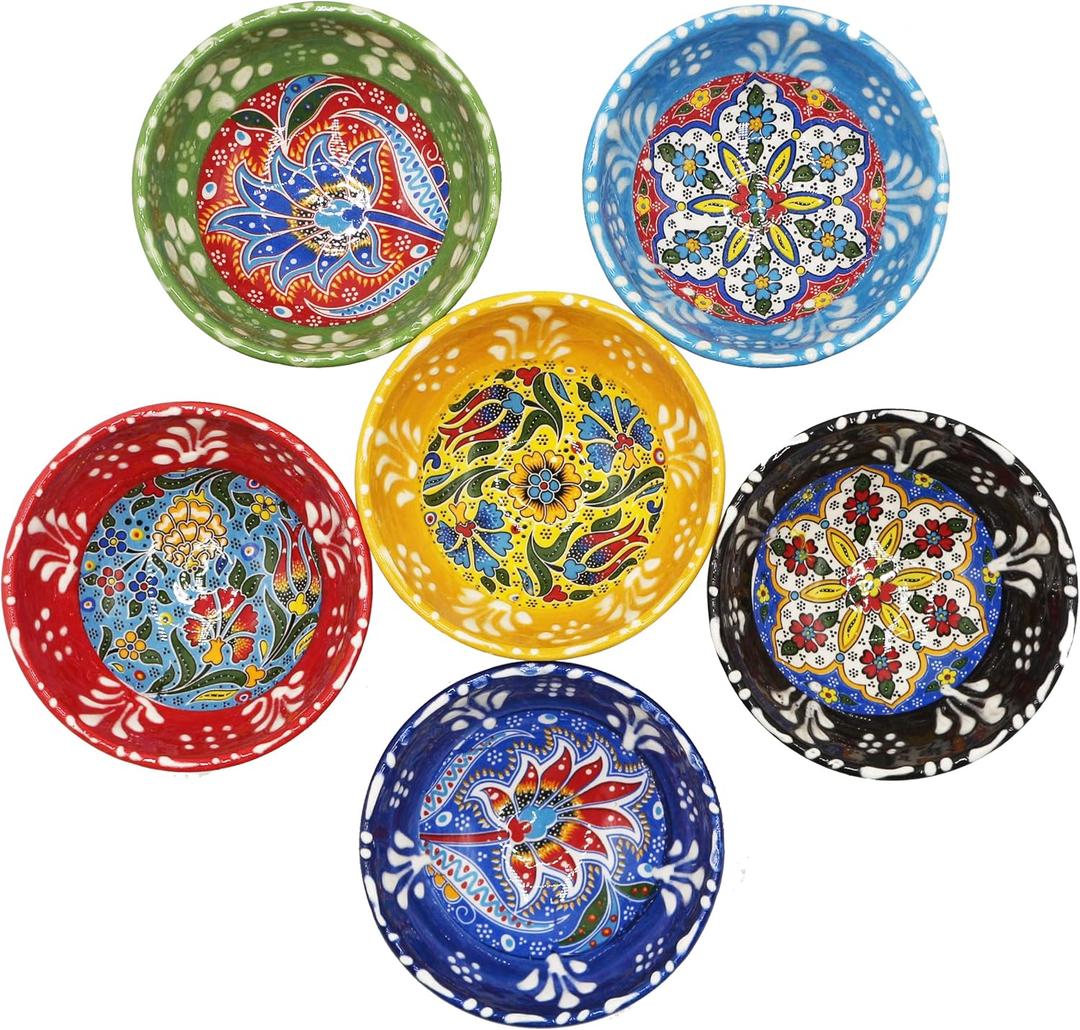 6 Pcs Hand Painted Decorative Serving Turkish Tiny Bowls - Handmade Ceramic Bowl Set of (3.3''inc/8.5cm) 2.5 Oz Pinch Multicolor Small Best Gift Set, Tulip