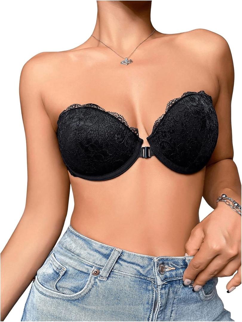 OYOANGLE Women's Lace Strapless Underwire Bras Front Closure Lightly Lined Bandeau Bra (Medium, Black)