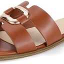 IDIFU Brown Women's Flat Sandals Square Open Toe Slip On Comfortable Dressy Trendy Fashion Slide Sandals for Women Ladies Bridal Summer Beach Work Office Flat Sandals(Brown Pu, 6)