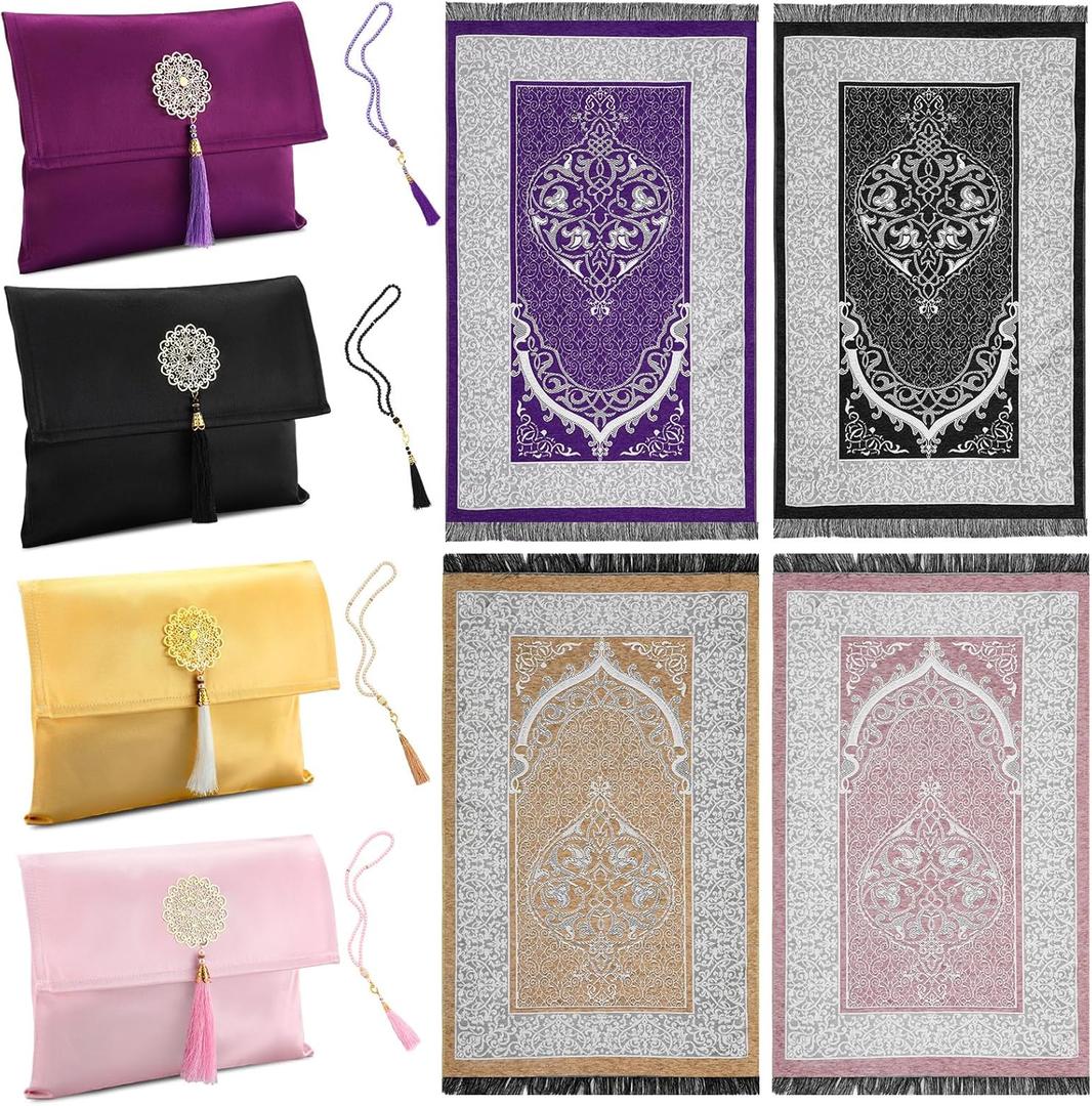 Mindsoft 4 Pack Eid Muslim Prayer Rug Portable Mat with Travel Bag and Beads, Islamic Ramadan Gifts for Men, Women and Kids (Classic Color)
