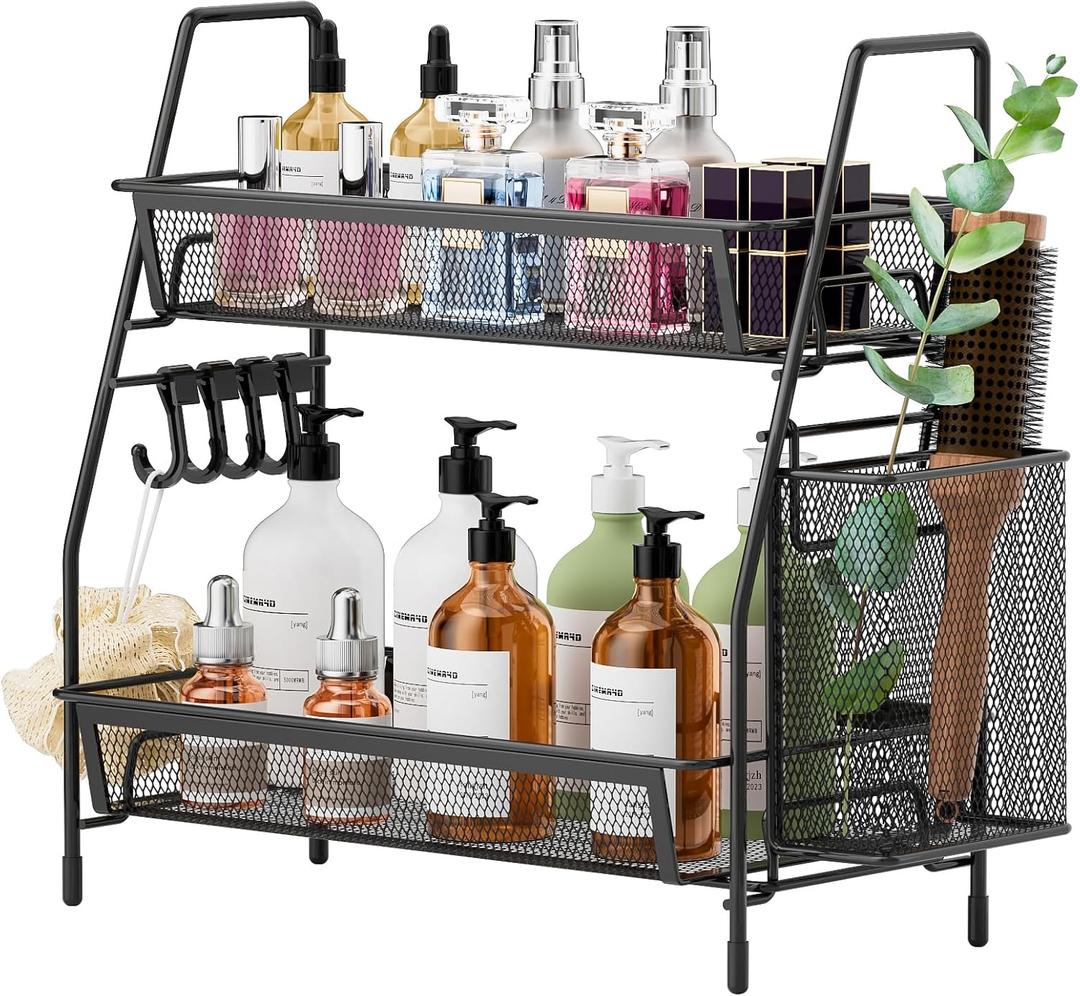 VITVITI 2-Tier Bathroom Organizer Countertop, Metal Wire Mesh Bathroom Counter Organizer Storage with Basket Hooks, Vanity Tray Shelf, Kitchen Spice Rack, Small Black