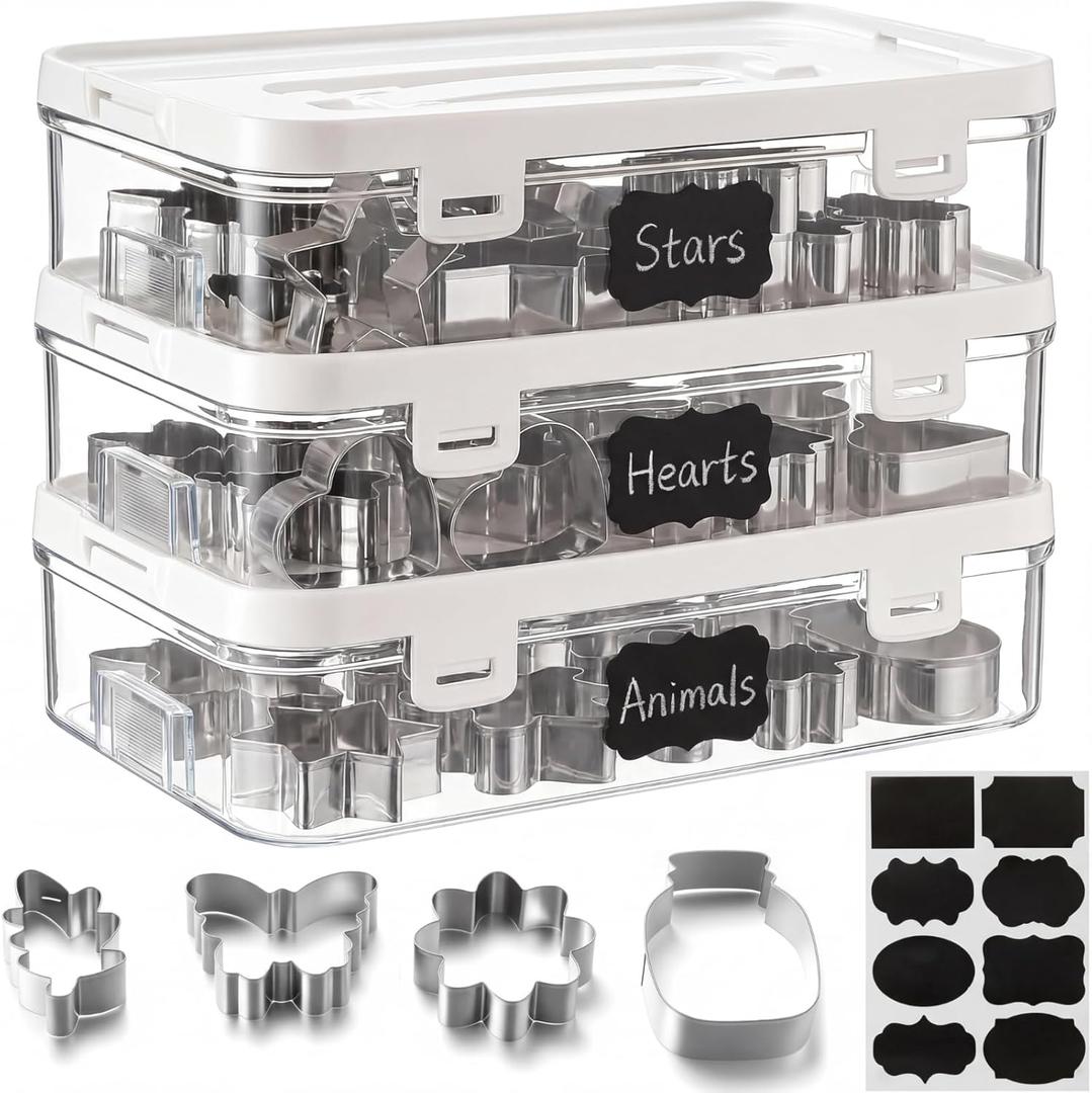 3 Pack Cookie Cutter Storage, Transparent Cookie Cutter Organizer with a Sticker, Baking Storage Containers, Cover to Prevent Dust, Can Be Used Alone or Hidden for Stacking(No Cutters)