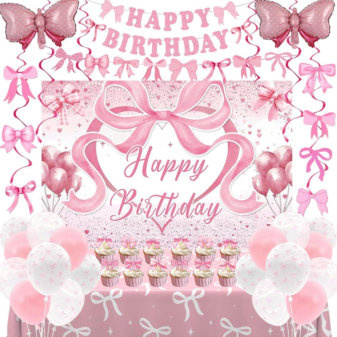 Pink Bow Birthday Decorations for Girls Women, Coquette Birthday Decorations, Pink and White Happy Bday Banner Backdrop Balloons Tablecloth Hanging Swirls Cake Toppers, Bows Theme Party Decor Girl