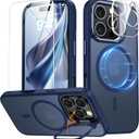 Magnetic & Stand for iPhone 16 Pro Case with 9H Screen & Lens Protector[Fit for Magsafe][Metal Kickstand][Colorful Frame] Translucent Matte Back Skin-Touch Case for iPhone 16 Pro Blue