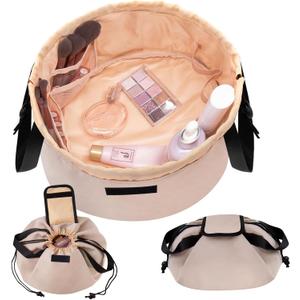 Lay Flat Open Barrel Drawstring Makeup Bag,Large Travel Makeup Bag,Portable Cosmetic Bag Travel Bags Toiletry Bags for Travel Toiletries Accessories Essentials(Khaki)