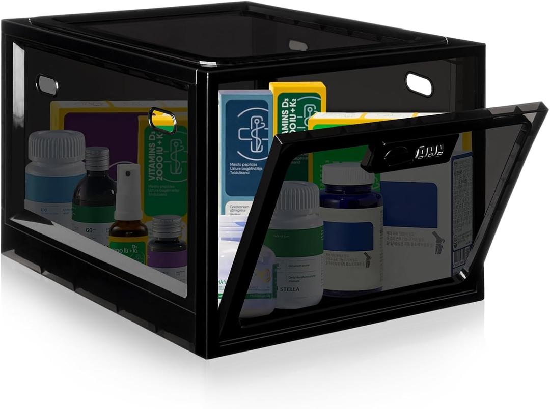 Medication Lock Box with Code, 12.6L Large Lockable Storage Box for Medicine, Snacks, Phone, and Electronics - BPA-Free, Clear Design with Charger Holes for Home, Office, Dorm, and Fridge (Black)