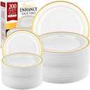 Prestee 200pc Gold Disposable Plates Set  100 Dinner and 100 Salad Plates, White with Gold Rim  Heavy-Duty Plastic Plates for Party, Wedding, Holiday, Appetizer and Dessert