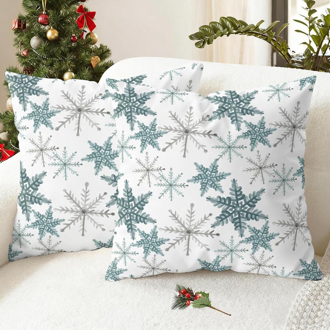 2 x CaliTime Christmas Throw Pillow Covers Decorative 18 X 18 Inches Pack of 2 Cozy Fleece Snowflakes Cushion Cases for Holiday Couch Sofa Bed Living Room Home Grey Gold