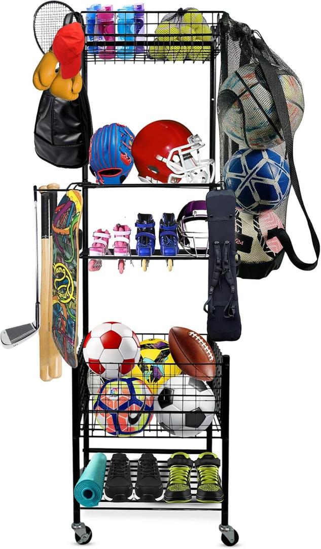 Garage Sports Equipment Organizer, Ball Storage Outdoor Toy Storage, 5 Layers Sports Outdoor Rack Nerf Gun Rack Basketball Rack for Balls with Holder and Hooks