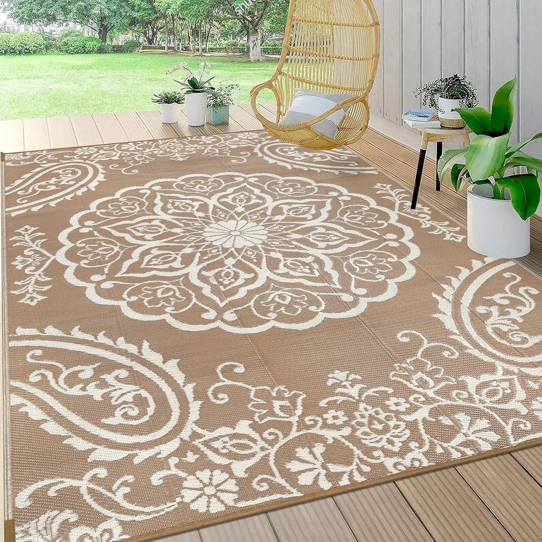 Pauwer Waterproof Outdoor Rug 5x8, Reversible Plastic Straw Patio Camping Rug, Indoor Outdoor RV Mat Carpet for Deck, Camper, Porch, Balcony, Backyard, Picnic, Boho Brown