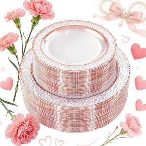 102PCS Rose Gold Plastic Plates - Clear Rose Gold Disposable Plates - Elegant Hammered Plate Includes 51 PCS 7.5inch Dessert & 51PCS 10.25inch Dinner Plates for Wedding Party Mothers Day
