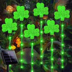 Shamrock Solar Lights for St Patrick's Day Decorations - Outdoor Waterproof 6Pack 48LED Green Garden Stake Light 8 Modes Lucky Clover for Yard, Pathway Decor