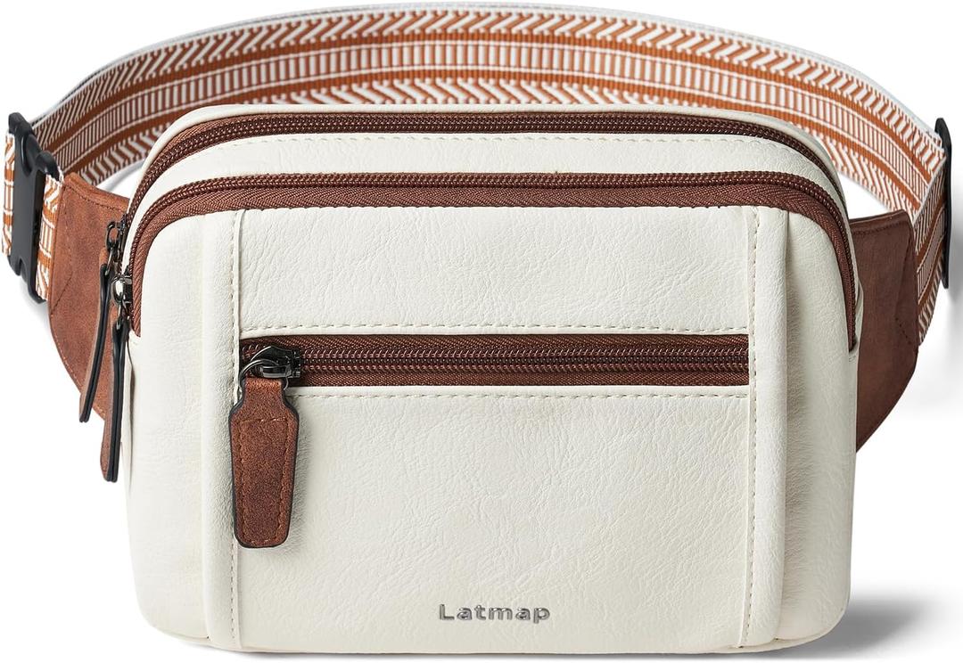 LATMAP 3L TRIPLE ZIP Fanny Packs Belt Bag For Women Men Crossbody Waist Pack Sling Chest Bum Travel Bag Purse Faux Leather Fashion Cute, Beige