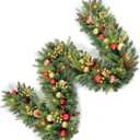 9FT Artificial Christmas Prelit Garland with 50 White Light, Pulg in, Pine Cones, Gold and Red Ball, Red Berris Mantle for Indoor Holiday Door Home Decorations Stairs Fireplaces Wall