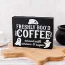 Freshly Booed Coffee Sign, Halloween Coffee Bar Decor Ghost Wooden Decorative Gothic Coffee Sign for Halloween Party Home Kitchen Table Shelf