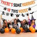 Pre-Strung There's Some Horrors In This House Banner with Pumpkin Skull Spider Web Bat Witch Ghost Sign for Halloween Party Decorations Home Office Classroom Indoor Wall Mantel Fireplace Backdrop